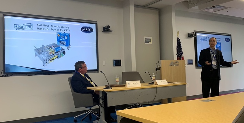 Neil Reddy (left), President, Manufacturing Skill Standards Council (MSSC), and Paul Perkins (right), President, Amatrol, present during a session titled Briefing: Amatrol Skill Boss-Logistics Training and Certification Device for MSSC Certified Technician-Supply Chain Automation (CT-SCA).